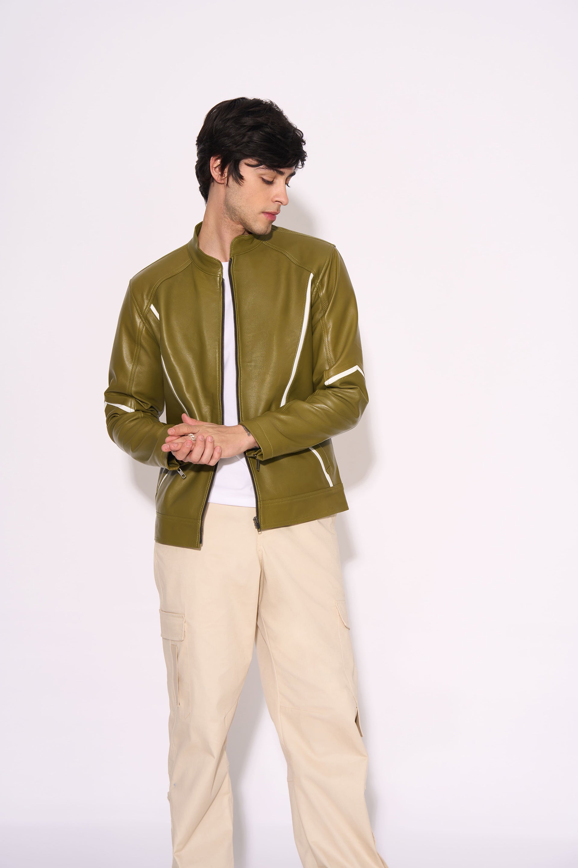 OLIVE RECON LEATHER JACKET