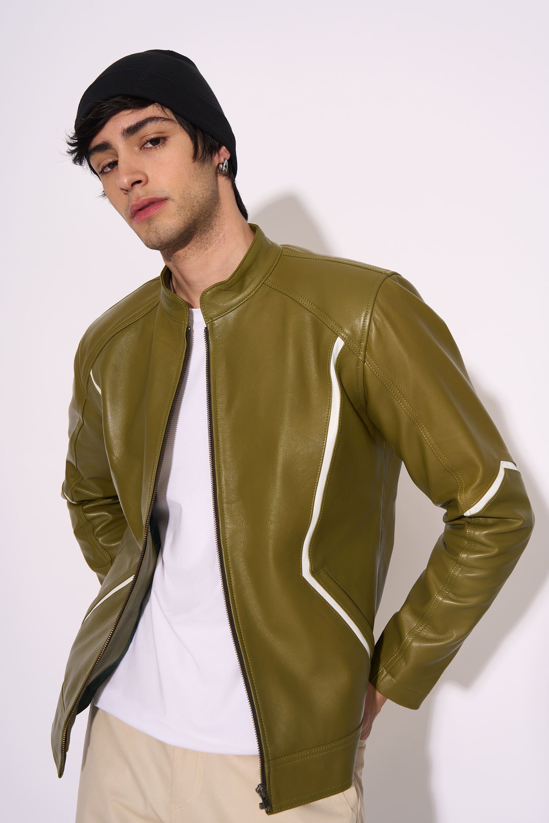 OLIVE RECON LEATHER JACKET