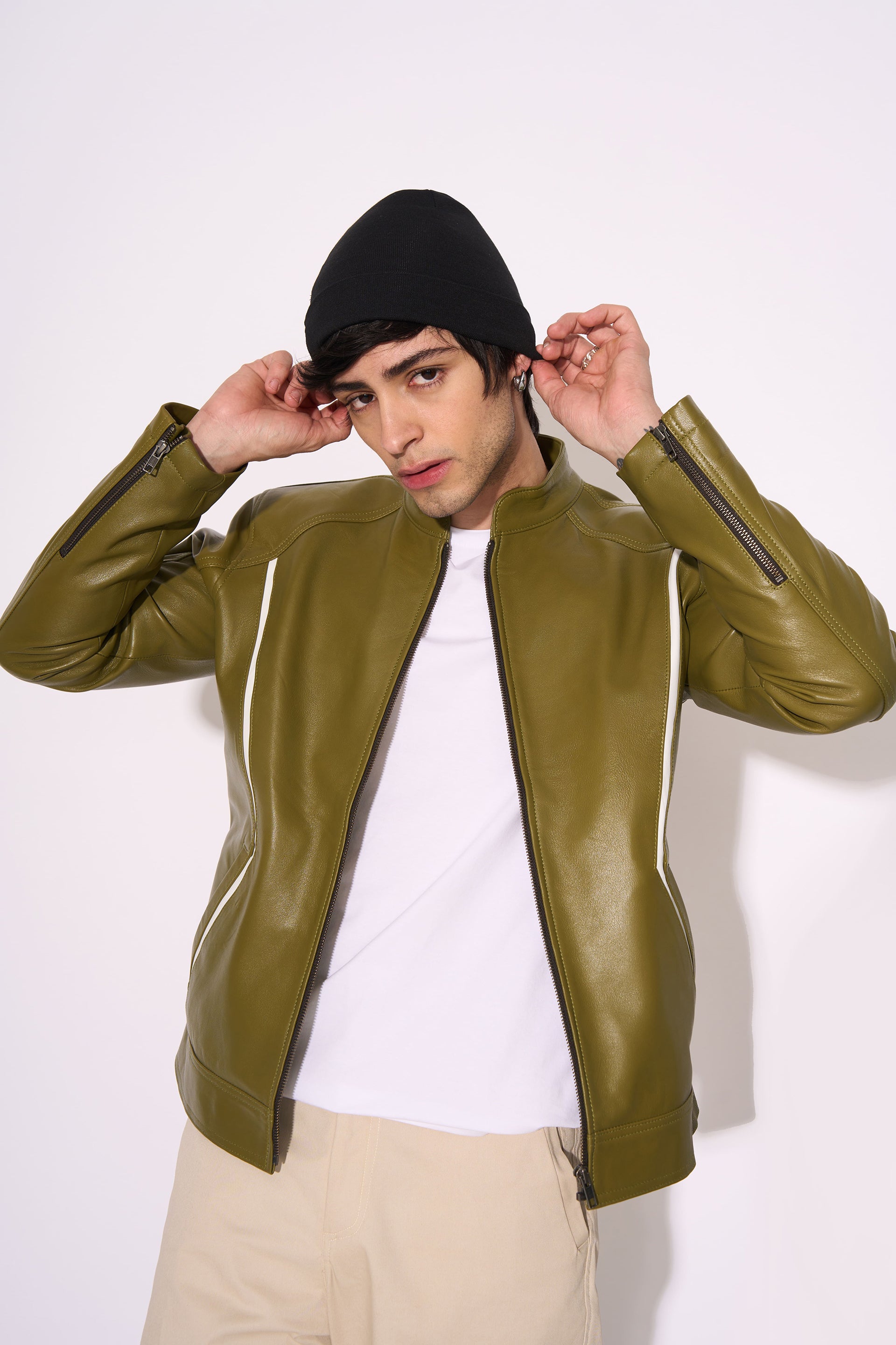 OLIVE RECON LEATHER JACKET